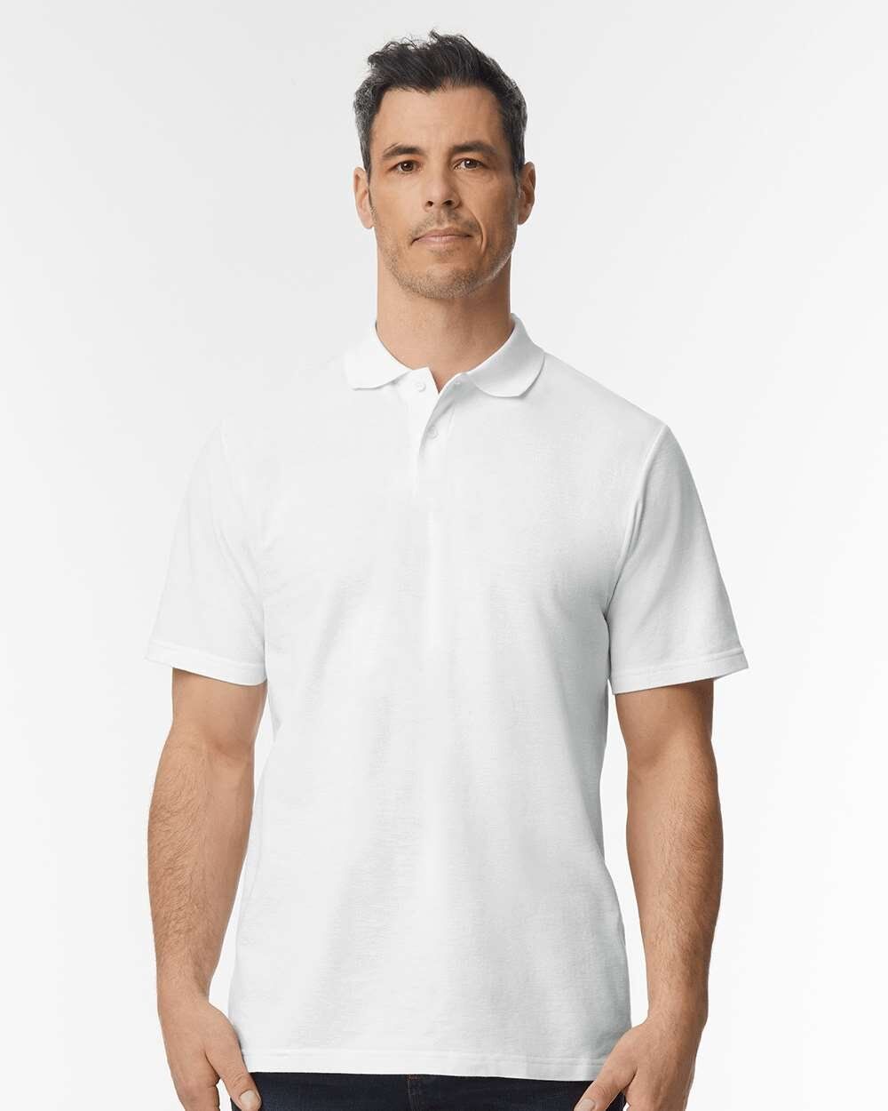 10 alt="Gildan polo shirt, red color, with three-button collar"